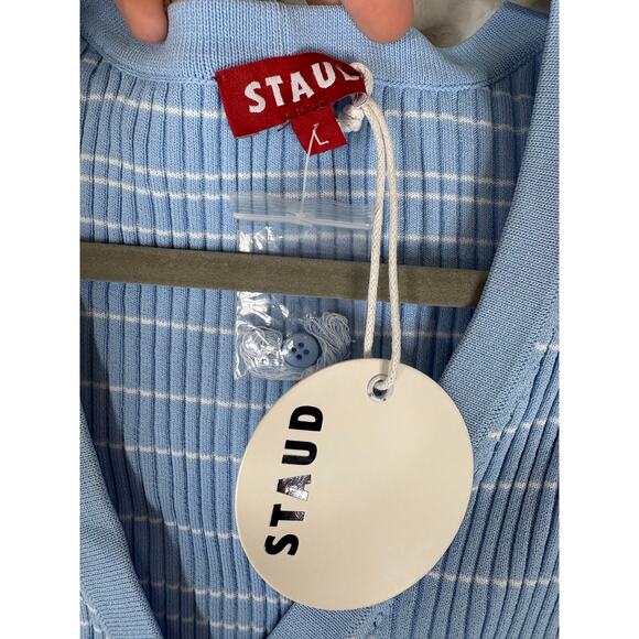 Staud Cargo Sweater Cardigan Ribbed Knit Striped Quiet Luxury French Blue Size L - Picture 8 of 9